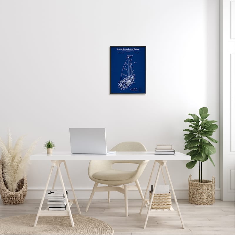 Stupell Sailboat Watercraft Blue Patent Office Diagram Blueprint Framed Wall Art