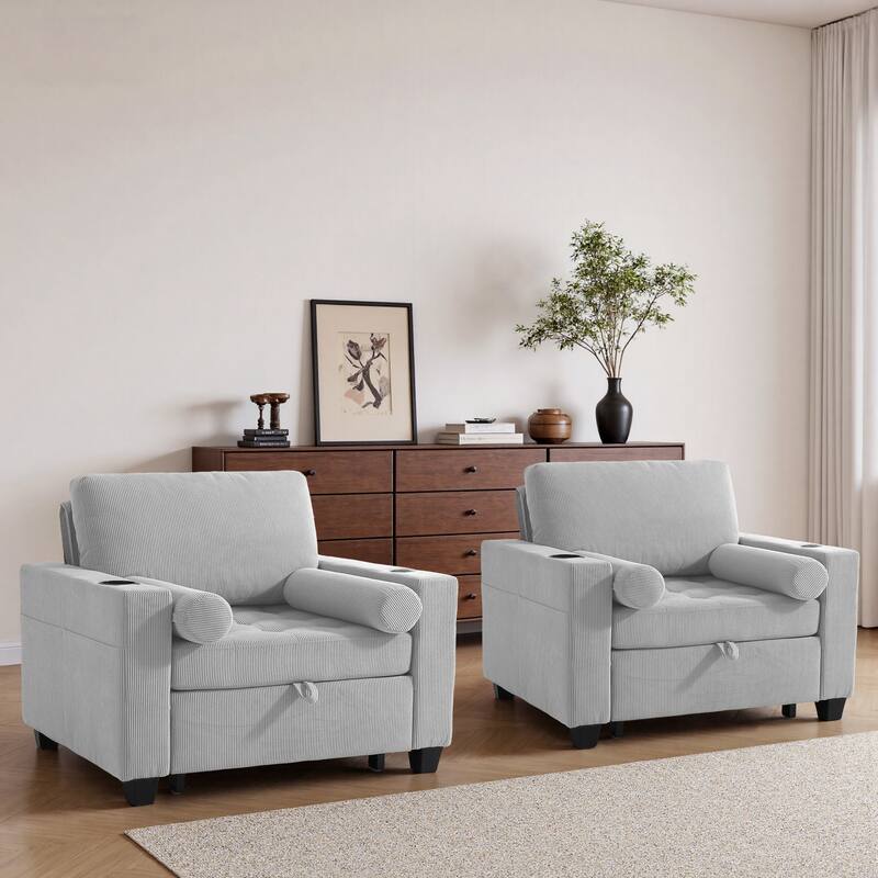 Corduroy Upholstered Accent Chair Convertible Sleeper Chair Set of 2