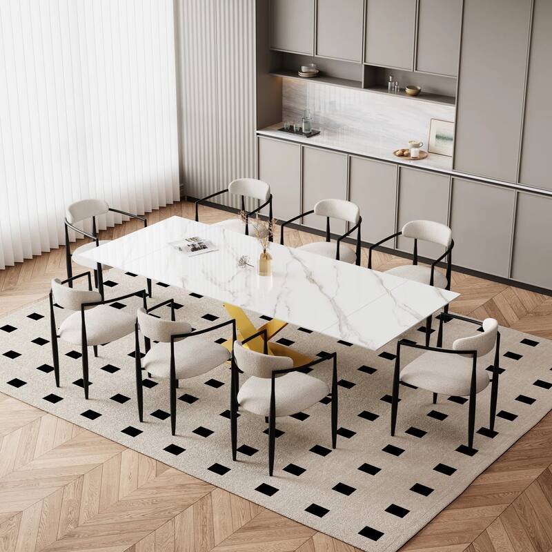 9 - Piece 94.48'' Modern Minimalist Extendable Sintered Stone Top Dining Set with 8 Fabric Chair