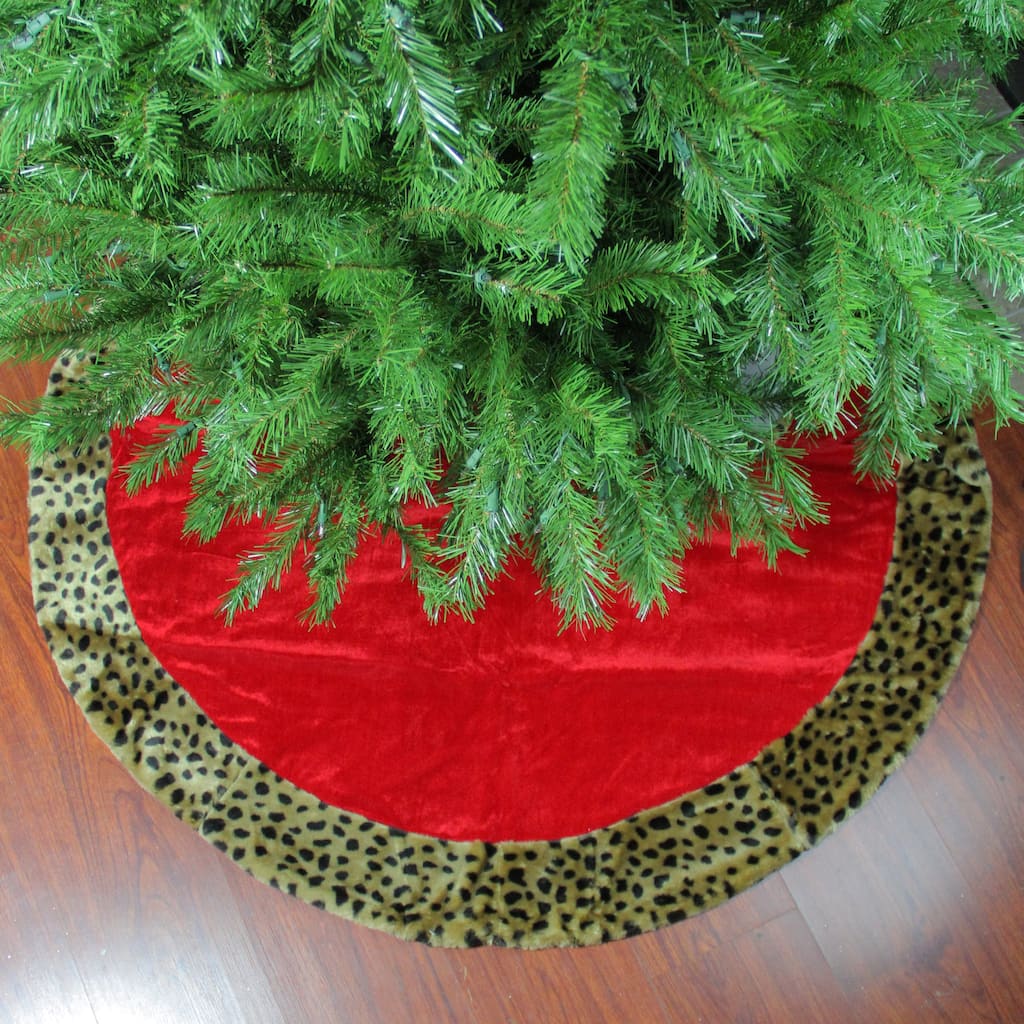 48" Red Brown Velveteen with Cheetah Print Border Christmas Tree Skirt