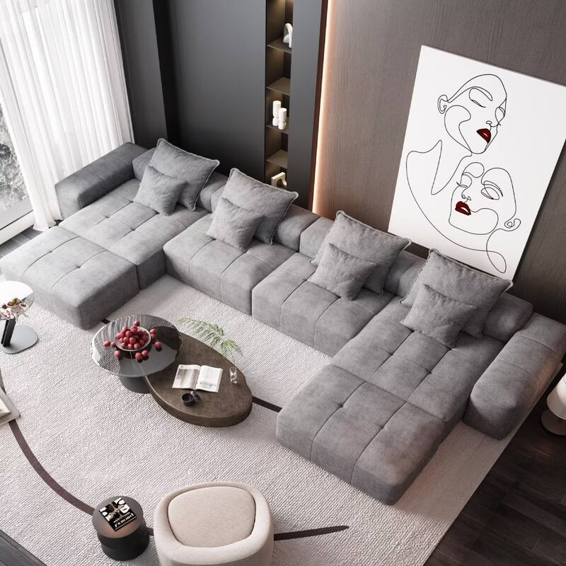 Oversized Modular Sectional Sofa,Sparkling Chenille Fabric,DIY Sofa - 2-Ottoman+2-Seater+2-Chaise+2-Amrest - Grey