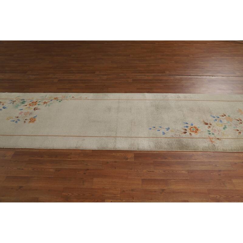Hand Knotted Oriental 100% Wool Carpet Traditional Floral Beige & Ivories Art Deco Runner Rug - 11' 8'' X 3' 0''