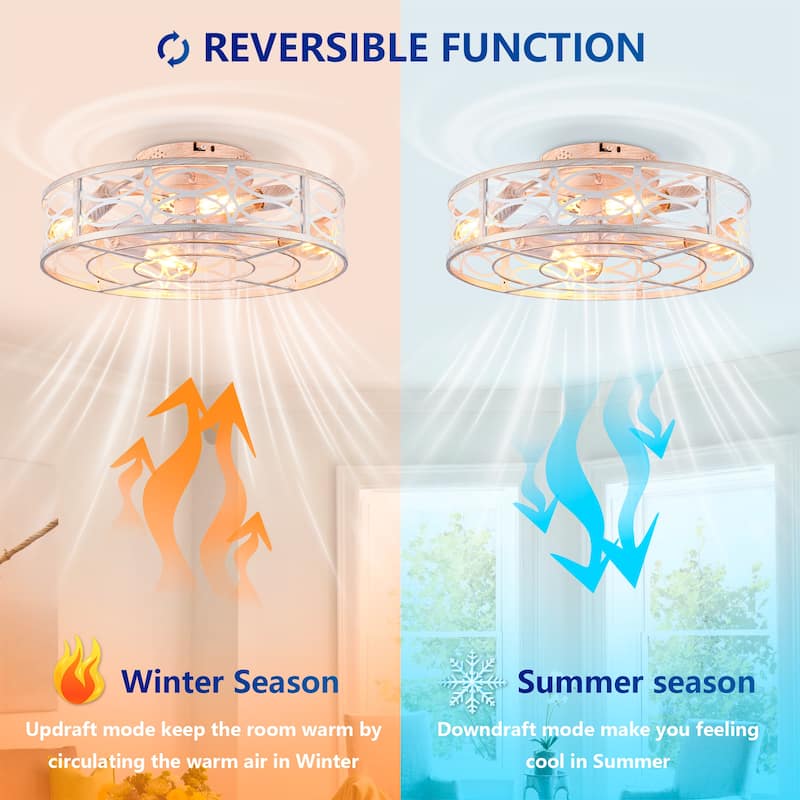 20" Caged Ceiling Fans with Lights,Bladeless Ceiling Fan 6 Speed Reversible with Remote Control,Flush Mount Caged Ceiling Fan