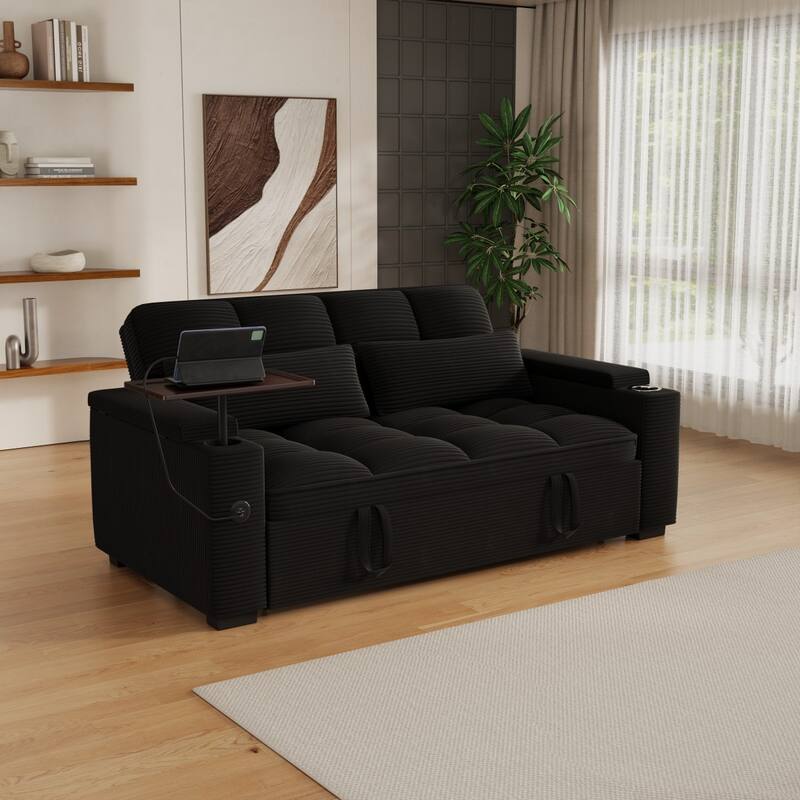 65'' Chenille 3-in-1 Folding Sectional Sofa with 360-Degree Swivel Side Table - Black