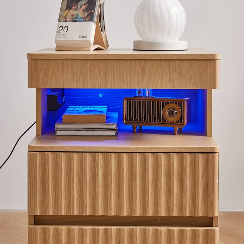 Modern Bedside Table with Gun Drawer,Bedside Table with Charging Station, 2 Drawers and Open Shelf,Side Table for Bedroom