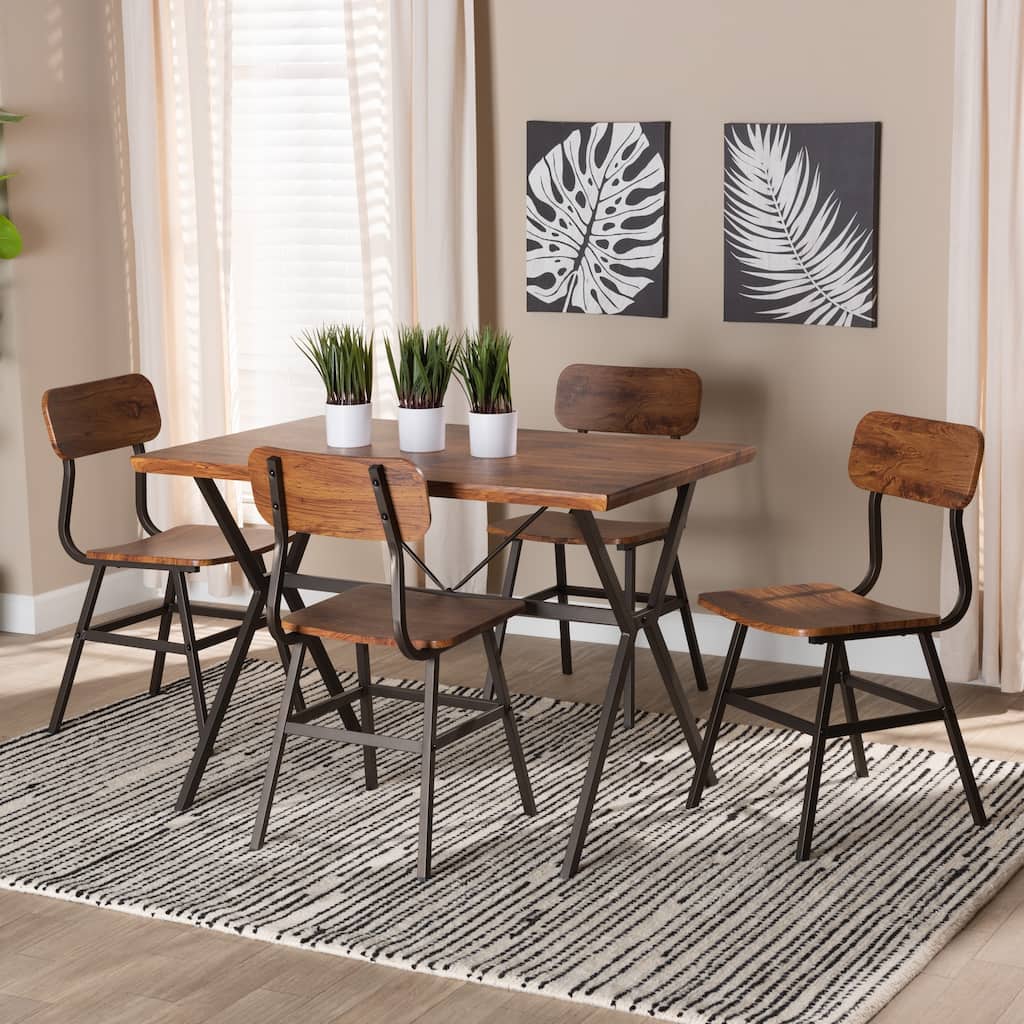 Irwin Modern Industrial Walnut Brown Finished Wood and Black Metal 5-Piece Dining Set