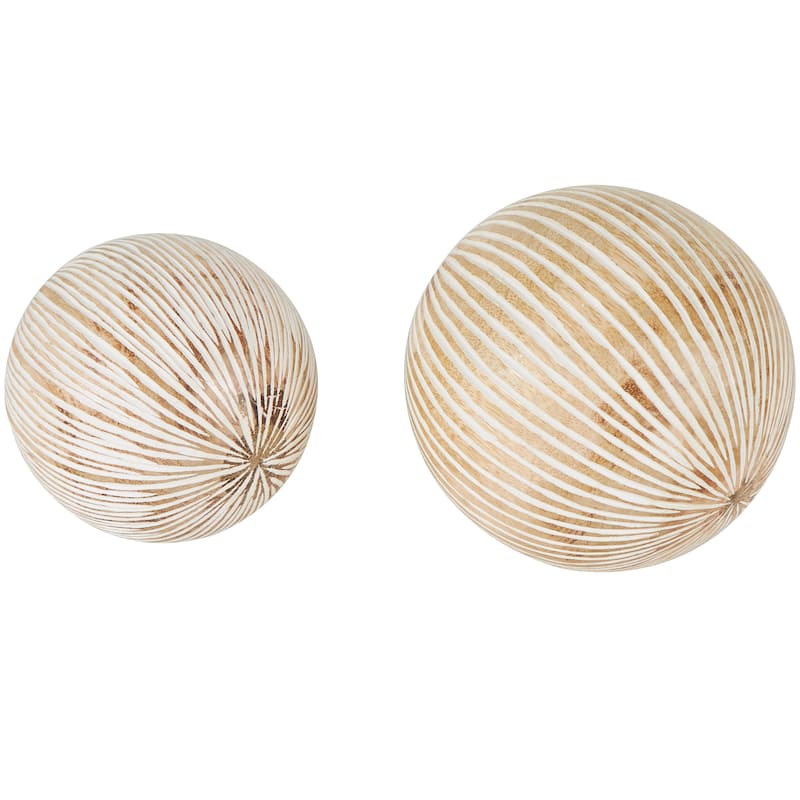 Cream Mango Wood Handmade Decorative Ball Orbs & Vase Filler with Carved Lines or Tribal Patterns (Set of 2)