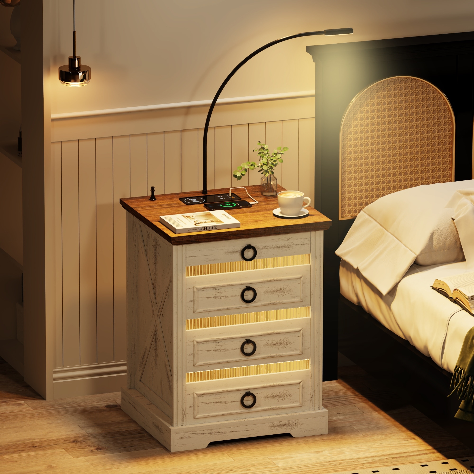 Tall Nightstand Charging Station 3 Drawers & Shelves LED Glass Door