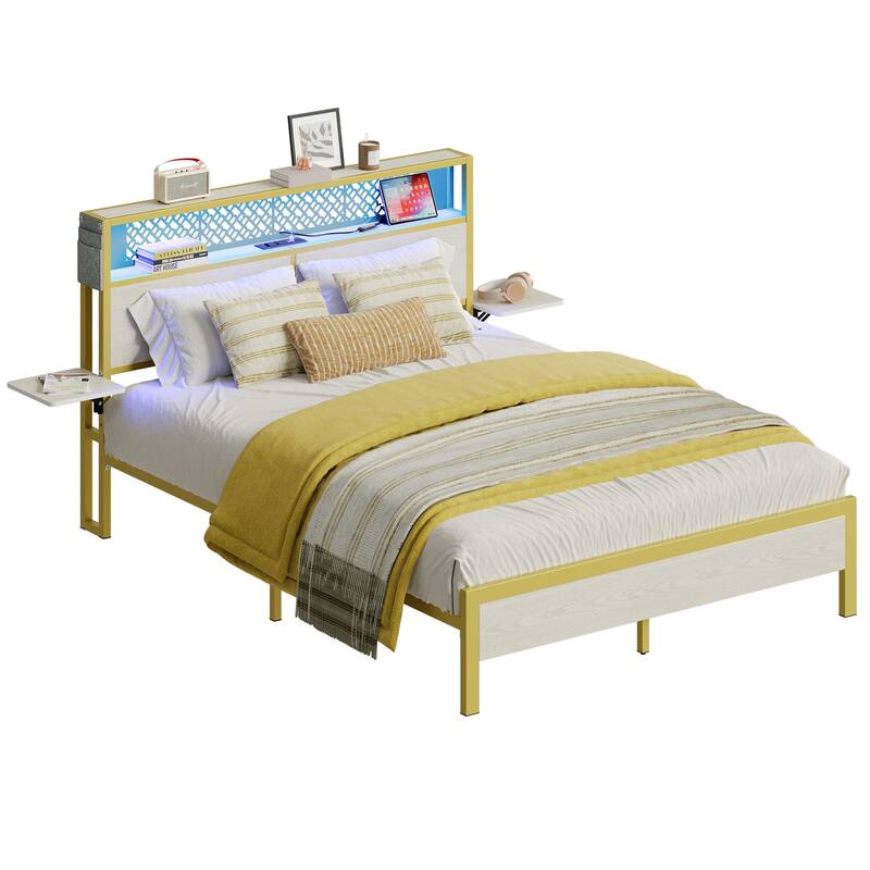 Platform Bed with LED Upholstered Storage Headboard Charge Station Foldable Bedside Shelf