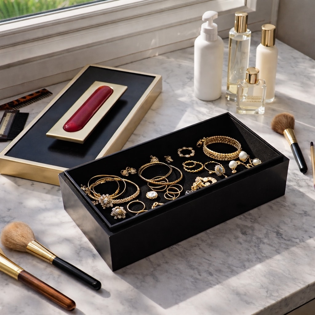 Decorative Rectangular Storage Box with Lid - 14", Black & Gold - 14.0"