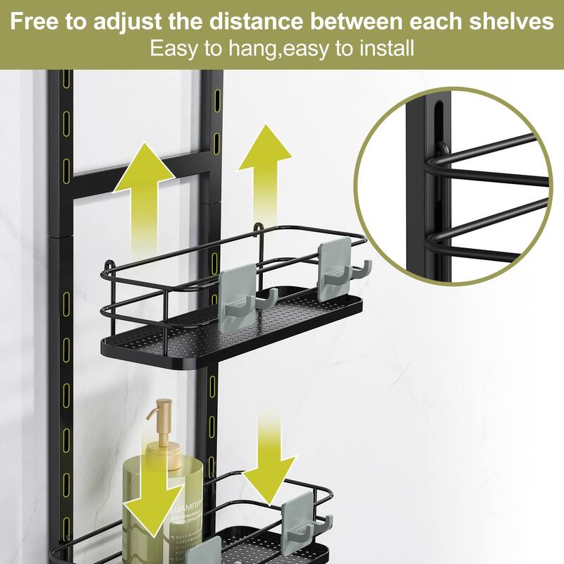 Adjustable Hanging Over the Shower Door Caddy,Bathroom Organizer Shelf Storage with 4 Hooks for Razor - Black-4 Pack