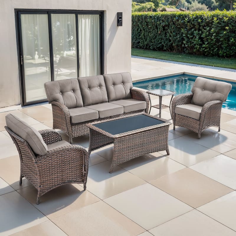 TWrap 5-Piece Patio Brown Wicker Sofa Conversation Set with 5-Inch Thick Cushions - Brown/Gray - 5-Piece