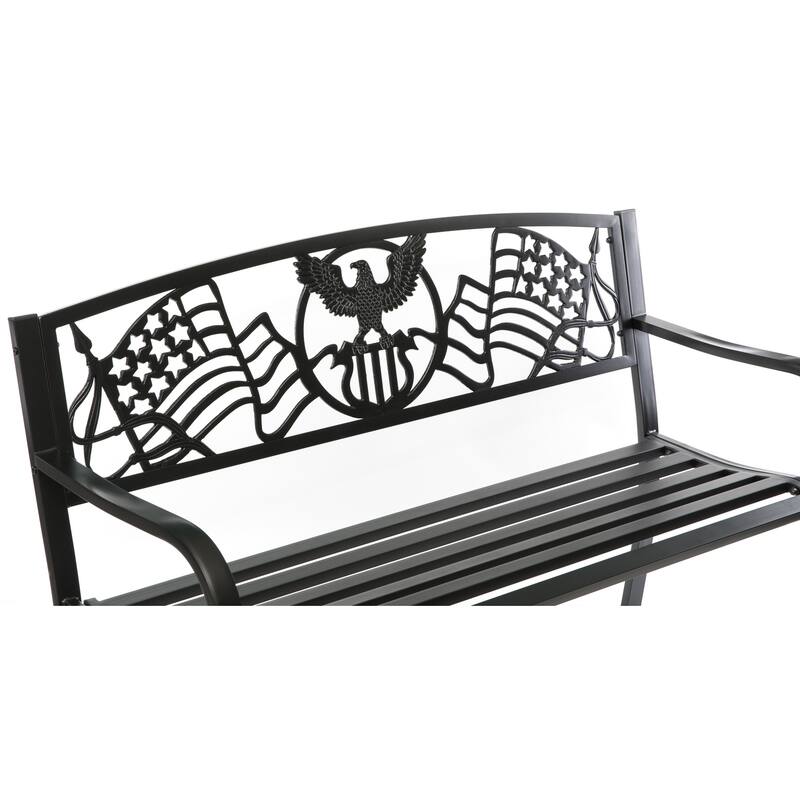 Steel Outdoor Patio Garden Park Seating Bench with Cast Iron "Patriotic American Flag and Eagle" Backrest, Front Porch Bench