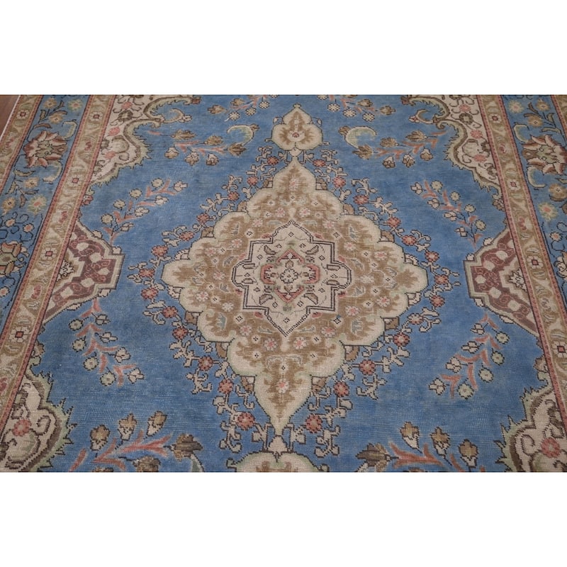 Blue Tabriz Persian Vintage Area Rug Handmade Wool Carpet - 6'6" x 9'10"