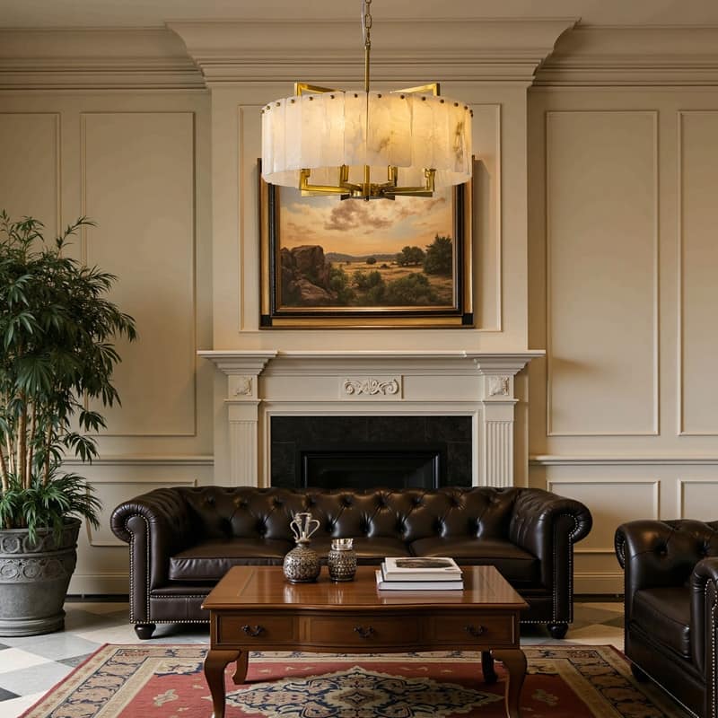 Modern 8-Light Round Gold Brass Chandelier with Marble Alabaster 23.6-Inch Drum Pendant Ceiling Light with Adjustable Chain