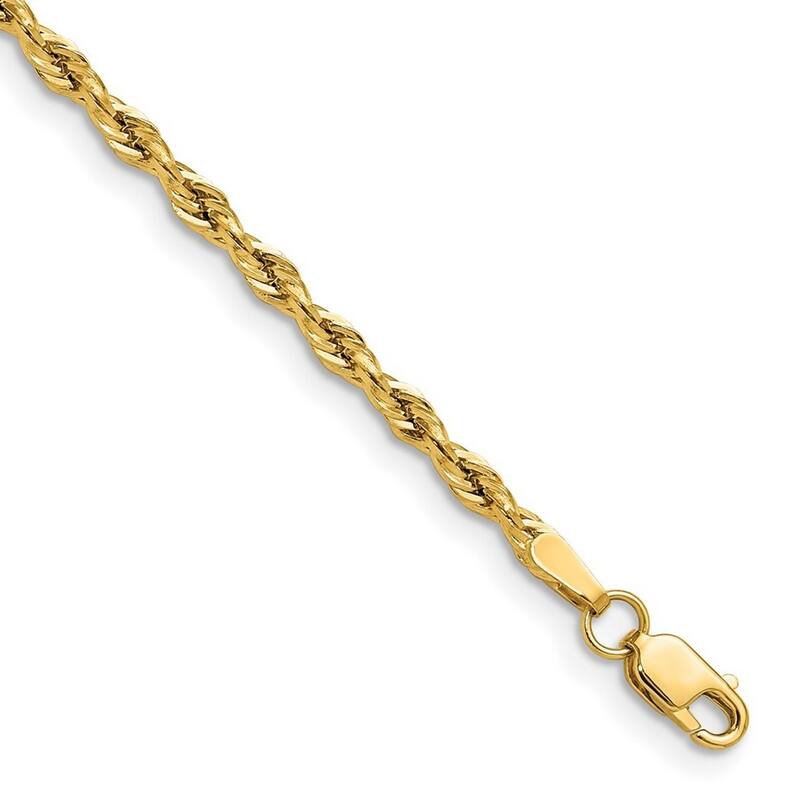 Curata 10k Yellow Gold 2.5mm Semi solid Rope Chain Bracelet Options: 7" 8"