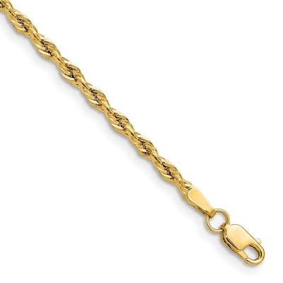 Curata 10k Yellow Gold 2.5mm Semi solid Rope Chain Bracelet Options: 7" 8"