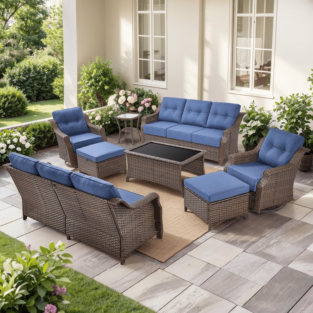 8PCS Outdoor Sofa Glider Chair Table and Ottoman