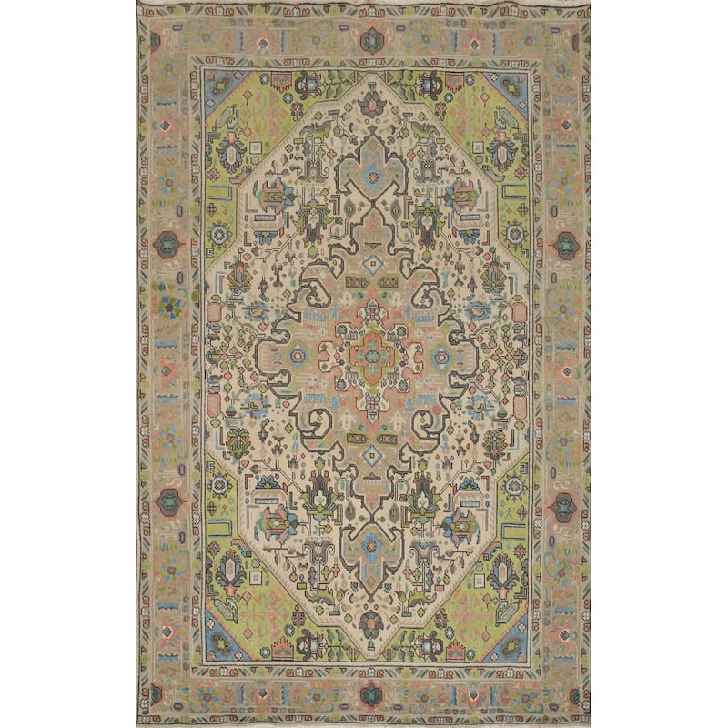 Hand Knotted Oriental 100% Wool Carpet Traditional Floral Beige & Ivories Tabriz Area Rug - 9' 7'' X 6' 7''