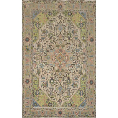 Hand Knotted Oriental 100% Wool Carpet Traditional Floral Beige & Ivories Tabriz Area Rug - 9' 7'' X 6' 7''