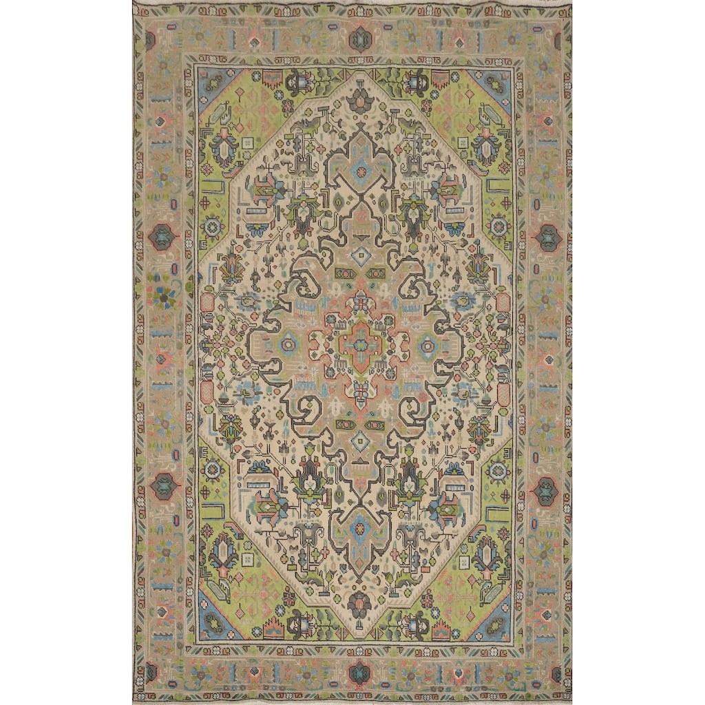 Hand Knotted Oriental 100% Wool Carpet Traditional Floral Beige & Ivories Tabriz Area Rug - 9' 7'' X 6' 7''