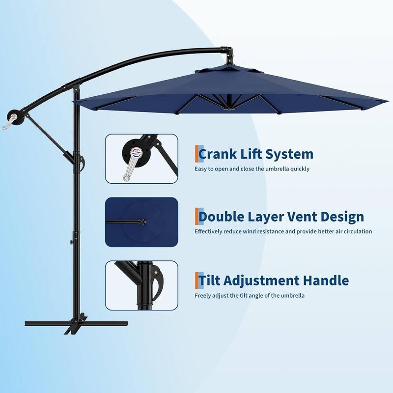 10ft Offset Patio Umbrella, Cantilever Umbrella with Easy Lift & Tilt Adjustment, 8 Ribs Sun Umbrella UV Protection - Navy Blue