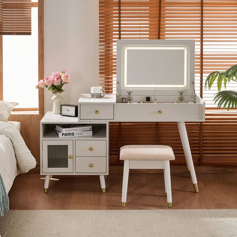 3-in-1 Vanity Desk with Lighted Flip-Top Mirror & Retractable Side Cabinet, Vanity Set with Stool & Storage Drawers