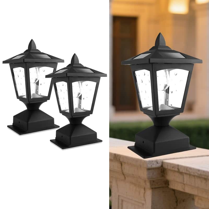 Solar Post Cap Lights 2 Pack- 4x4 Waterproof Fence Lights with Auto Dusk to Dawn Warm White LED - Black - 7.89'' - Black