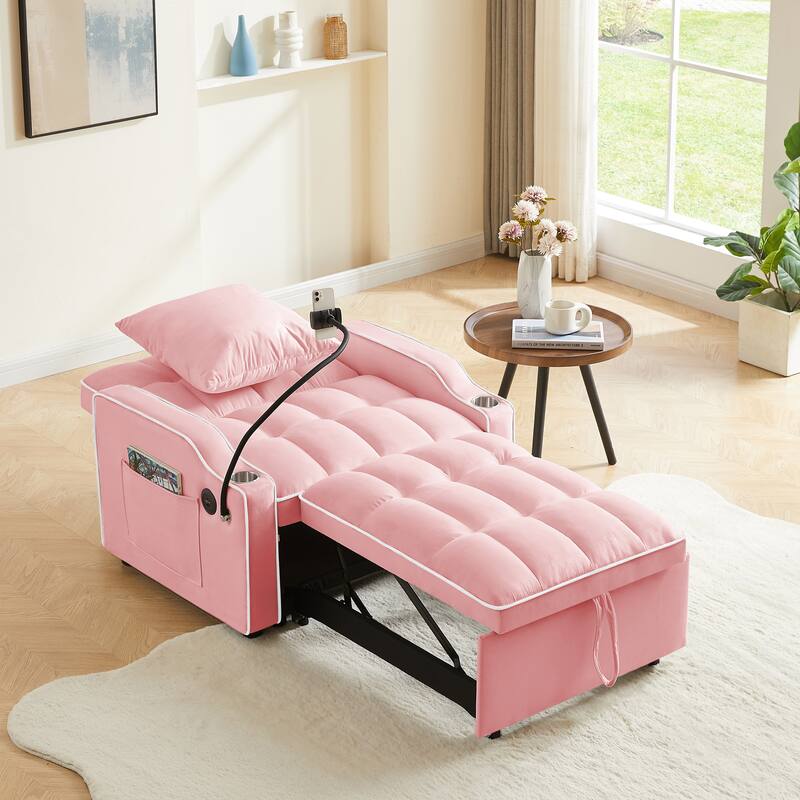 Convertible Pull-Out Chair Bed with USB Ports, Adjustable Backrest & Cup Holder