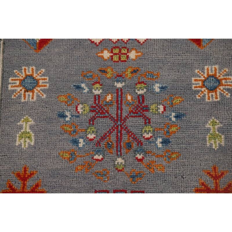 Gray Geometric Kazak Runner Rug Handmade Hallway Wool Carpet - 2'7" x 9'9"
