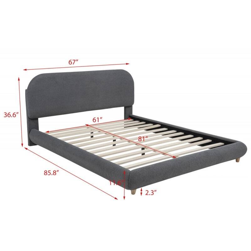 Low-Profile Queen-Size Platform Bed with Soft Fleece Upholstery, Modern Wood Frame, Gray