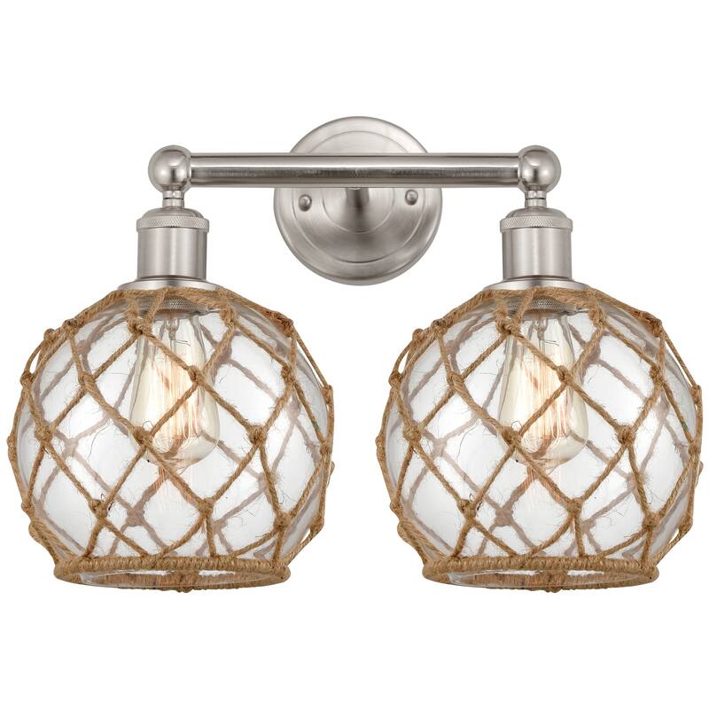 Innovations Lighting 616-2W-13-17 Farmhouse Rope Vanity Farmhouse Rope - Brushed Satin Nickel / Clear Glass with Brown Rope