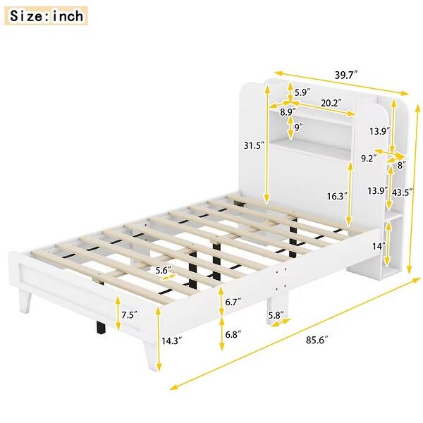 dimension image slide 1 of 4, Twin/Full Size Platform Bed with Storage Headboard, White/Gray Finish, Durable Particle Board Construction, for teenagers.