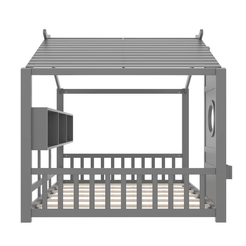 Full Size Floor House Bed for Toddler, Kids Montessori Bed with Storage Shelf, Playhouse Bed with Roof Design