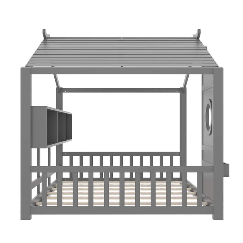 Roomfitters Full Size Floor House Bed with Storage Shelf and Roof Design, Montessori Playhouse Bed