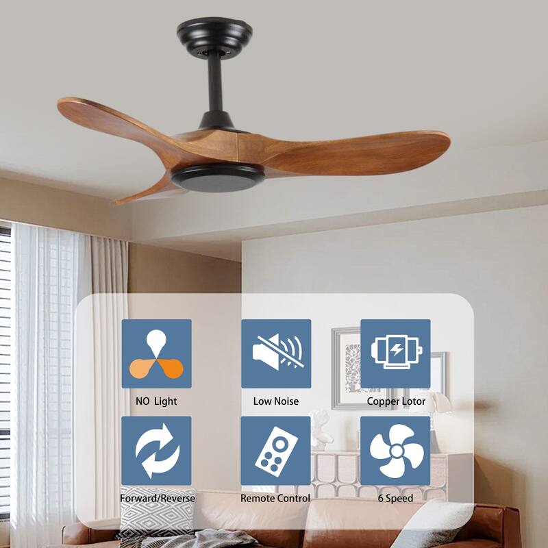 36" Wood Ceiling Fan NO light, 3 Reversible Blades, with 6 Speeds Reversible DC Motor, Low Profile Ceiling Fan with no light