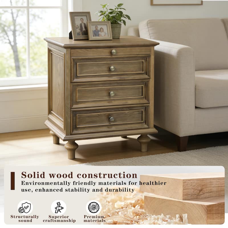 Nightstands with 4 Drawer,Wood Storage End Table with Hidden Pull-Out Shelf, with 4 Solid Wood Feet and Metal Handle