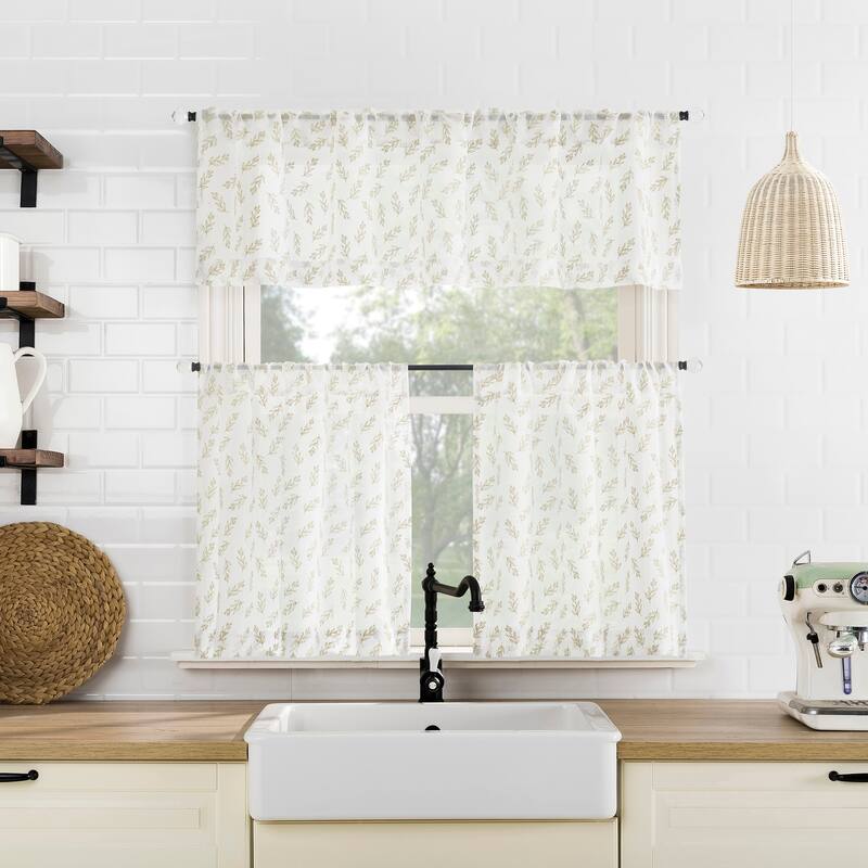 No. 918 Hawthorne 2-Piece Floral Leaf Sheer Rod Pocket Kitchen Curtain Tier Pair