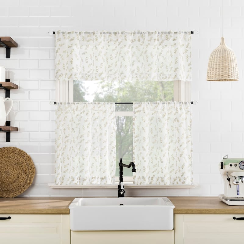 No. 918 Hawthorne Floral Leaf Sheer Rod Pocket 1-Piece Kitchen Curtain Valance
