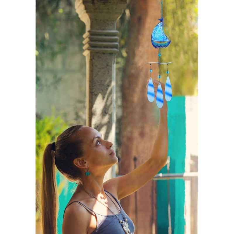 CoTa Global Blue Sailboat Hanging Sea Glass Wind Chime - 27.36 Inch