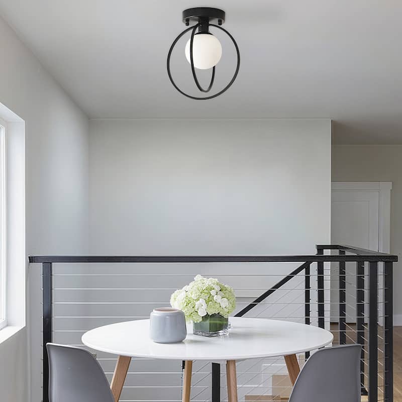 1-Light Semi-Flushmount Iron Metal Lamp with Frosted Glass Shade