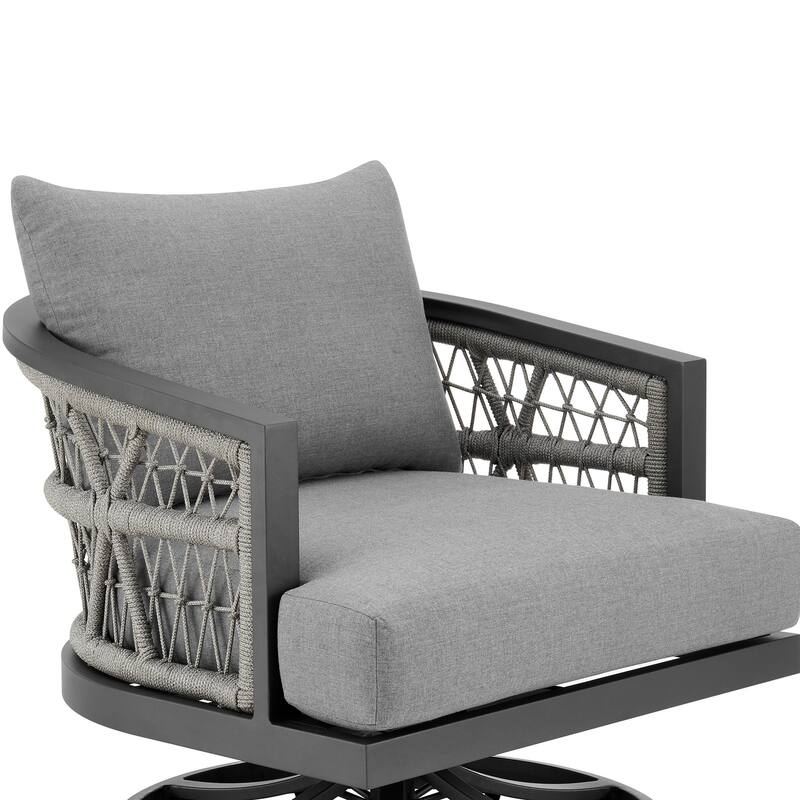 Hosa 30 Inch Outdoor Patio Swivel Armchair, Gray Metal Frame, Woven Rope