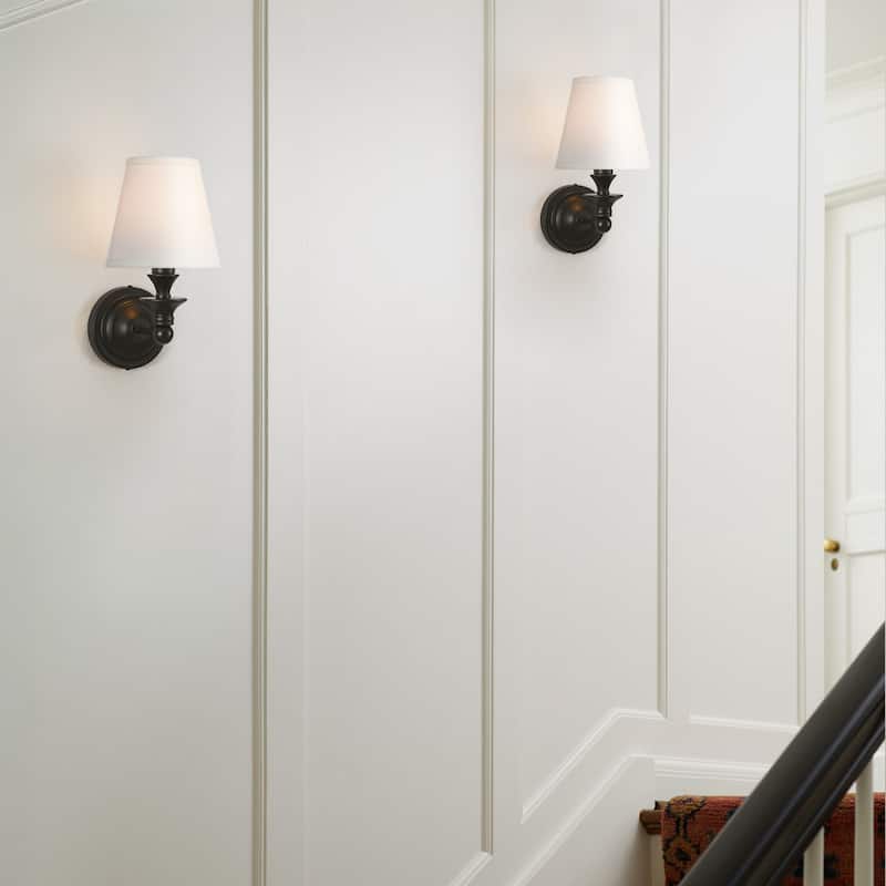 Rennnsan 1-Light Farmhouse Black/Gold Iron Wall Sconce with White Fabric Shade