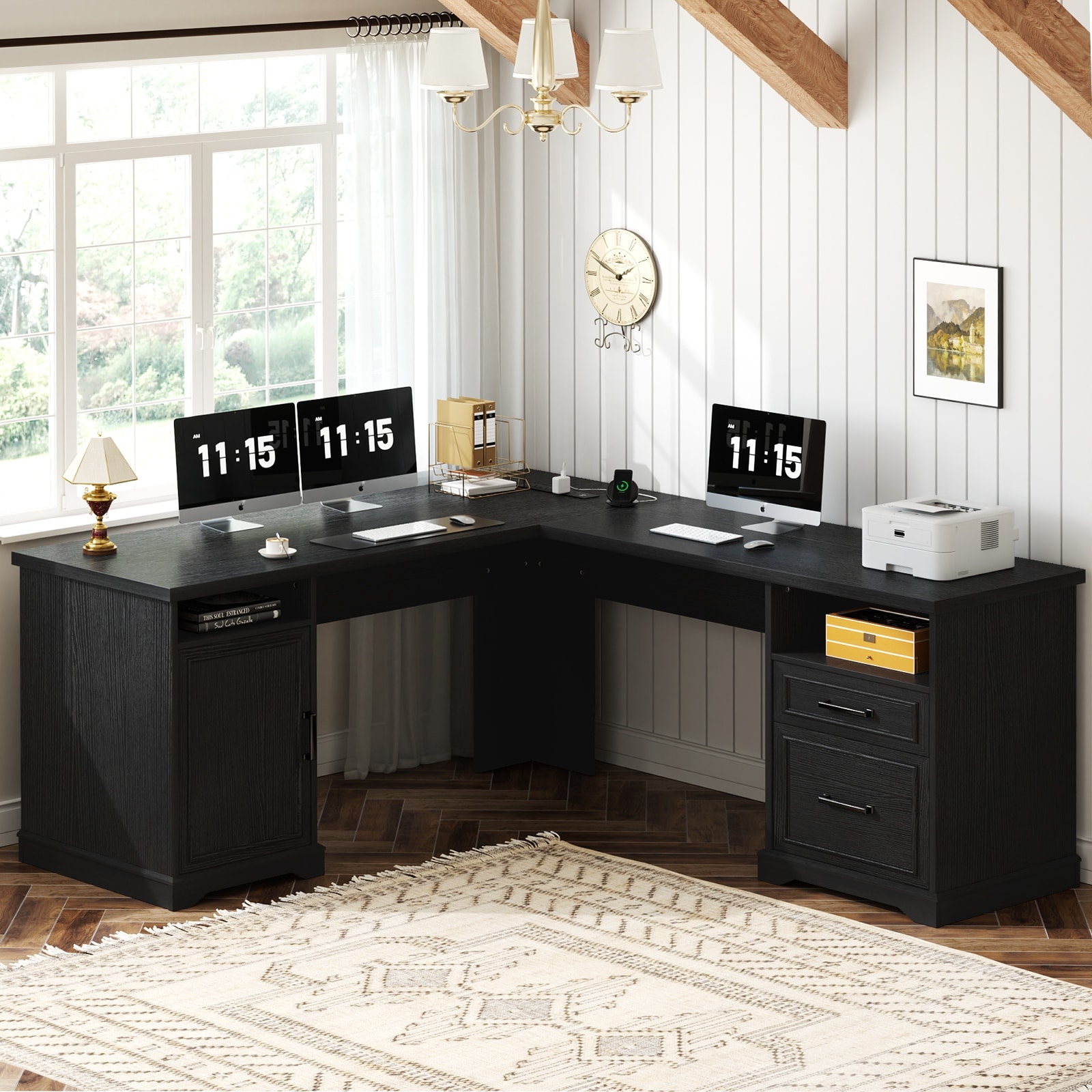 French Country L Shaped Desk with Charging Station, Office Computer Table with File Cabinet