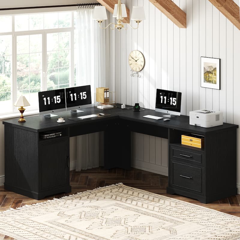 French Country L Shaped Desk with Charging Station, Office Computer Table with File Cabinet - Black
