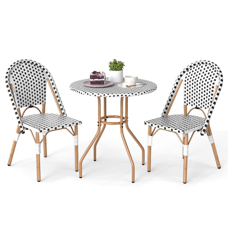 3 Piece Black-White PE Rattan Metal Patio Bistro Set with Ergonomic Chairs - Chair: 22” x 16” x 35”