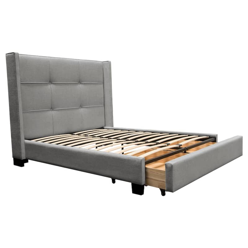 Bea Queen Size Bed with Storage Footboard, Gray Faux Linen Upholstery