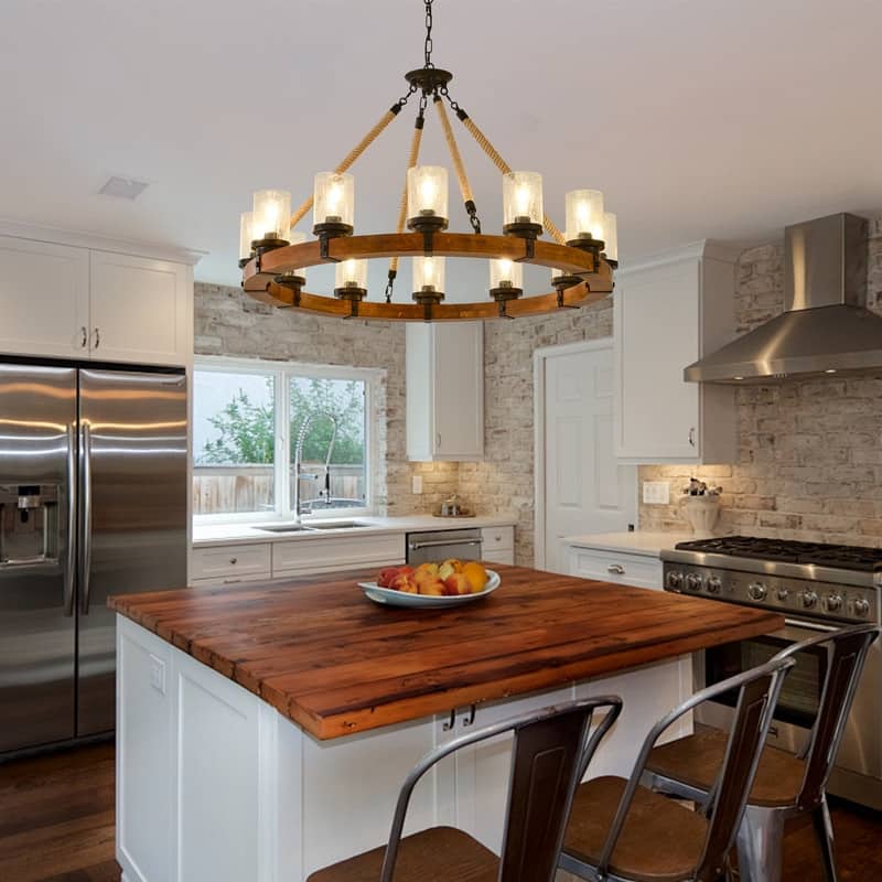 Farmhouse Wagon Wheel Chandelier Round Wood Pendant Lighting Fixture for Dining Room