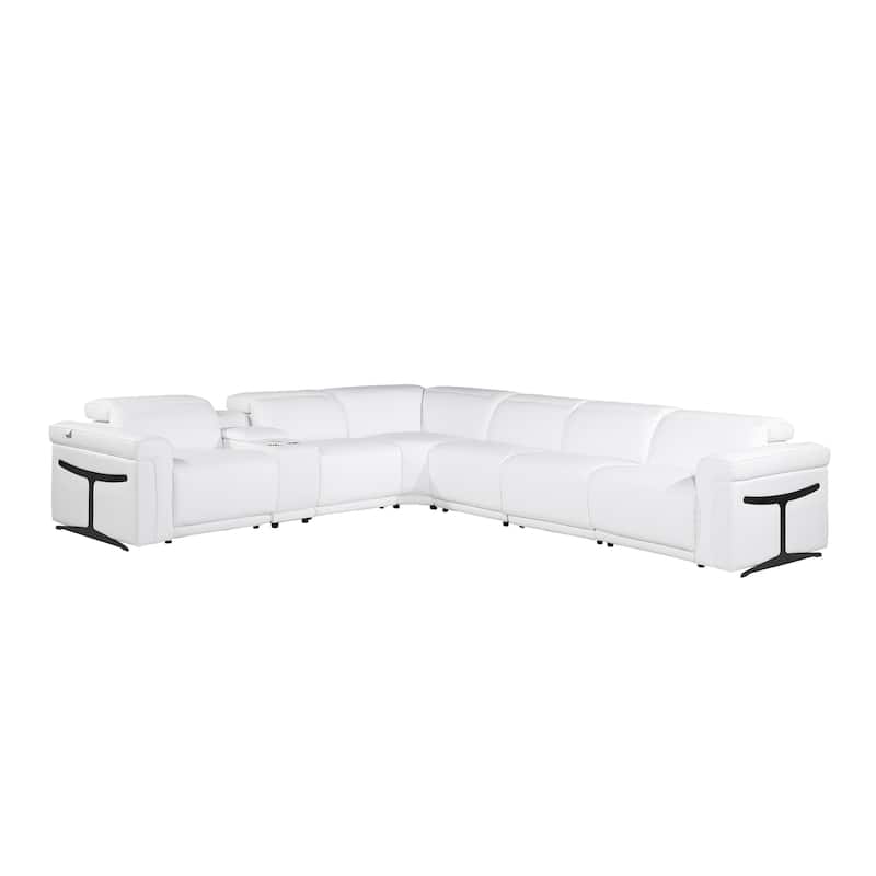 HomeRoots White Italian Leather Modular L Shaped Seven Piece Corner Sectional With Console
