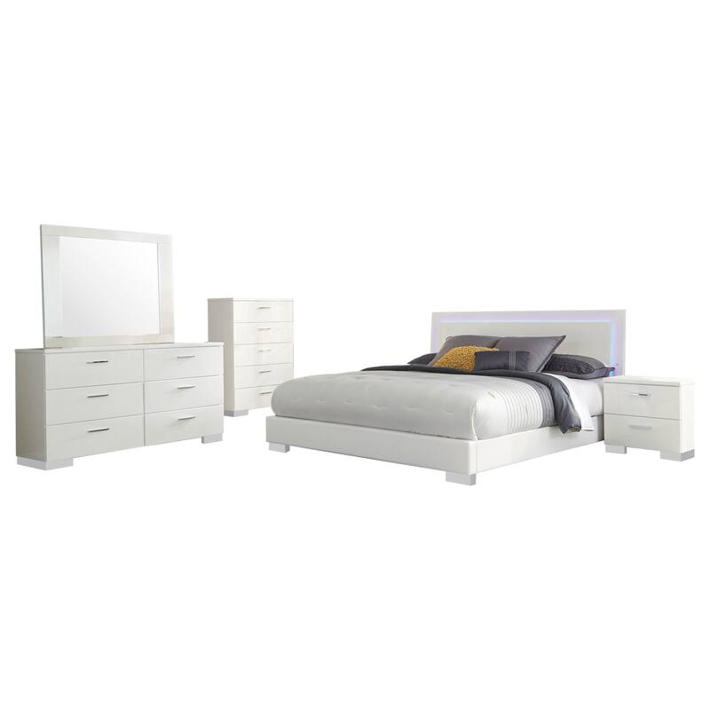 Sok 5pc Queen Bedroom Set, Faux Leather Upholstery, High Gloss White